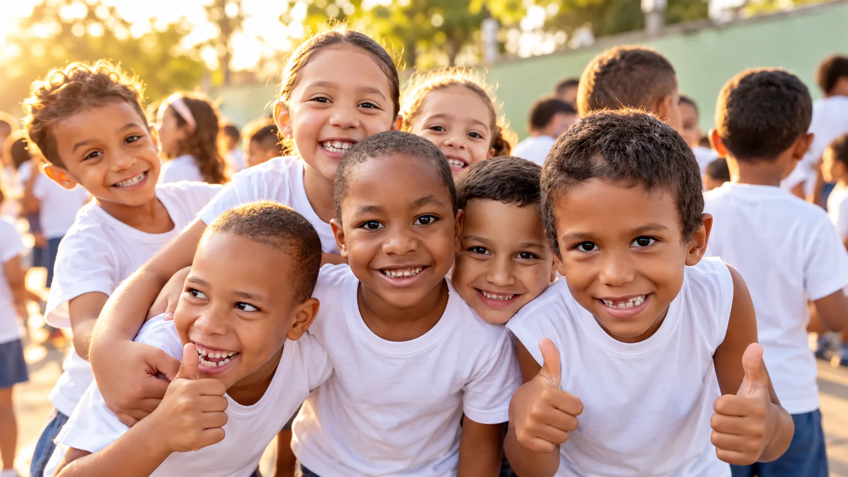 Niños del proyecto Let Them Talk sonriendo y con el pulgar arriba, al atardecer