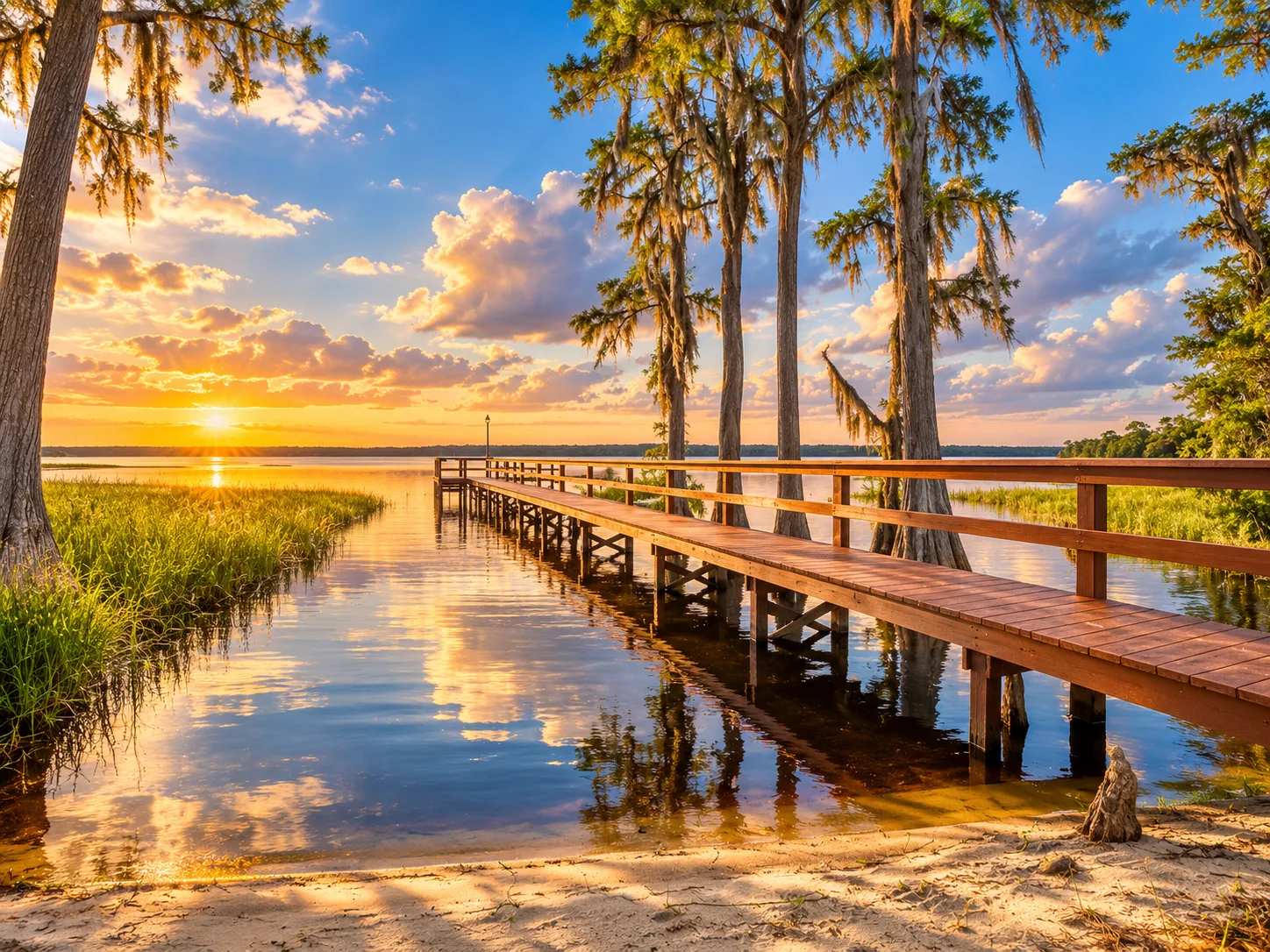 Muelle entre cipreses en un lago, al atardecer