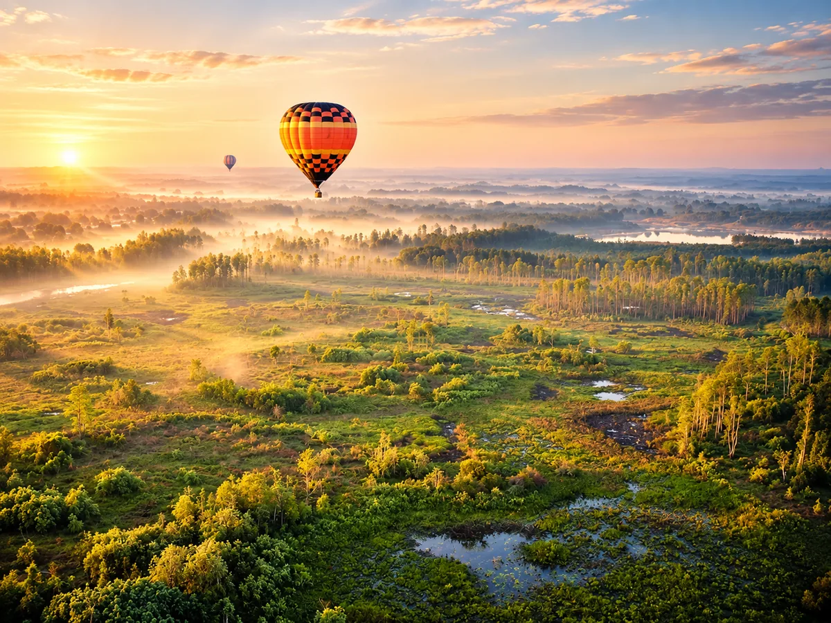 Globo sobre campos verdes y lagos, con el sol bajo