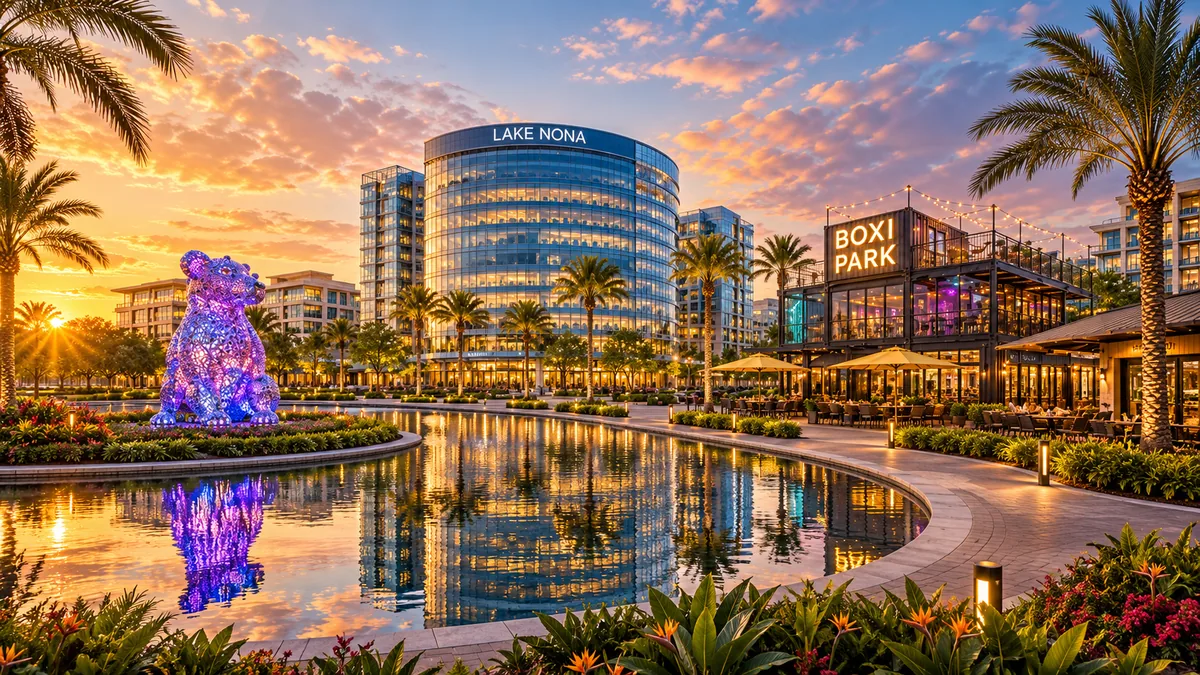 Torres de Lake Nona reflejadas en un espejo de agua al atardecer
