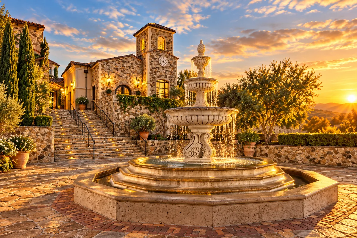 Fuente de piedra frente a una casona de estilo toscano al atardecer