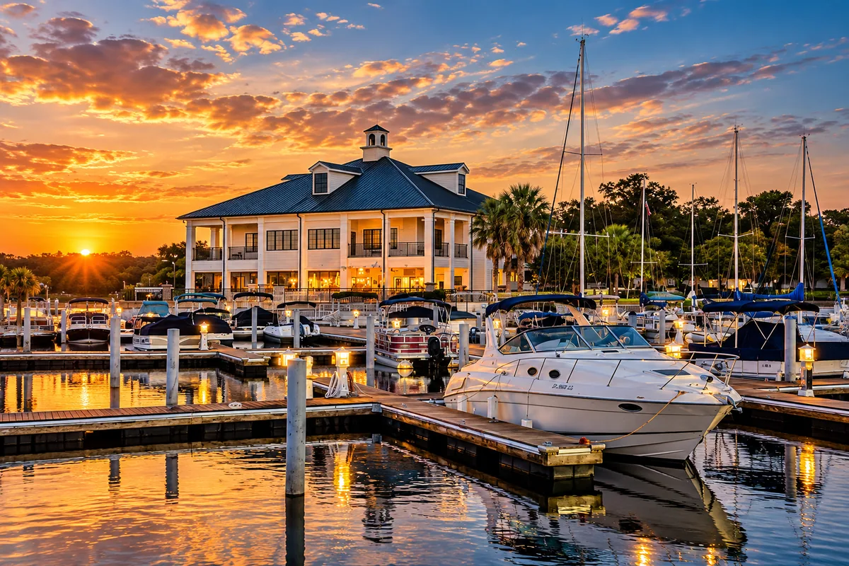 Marina con barcos en el lago al atardecer