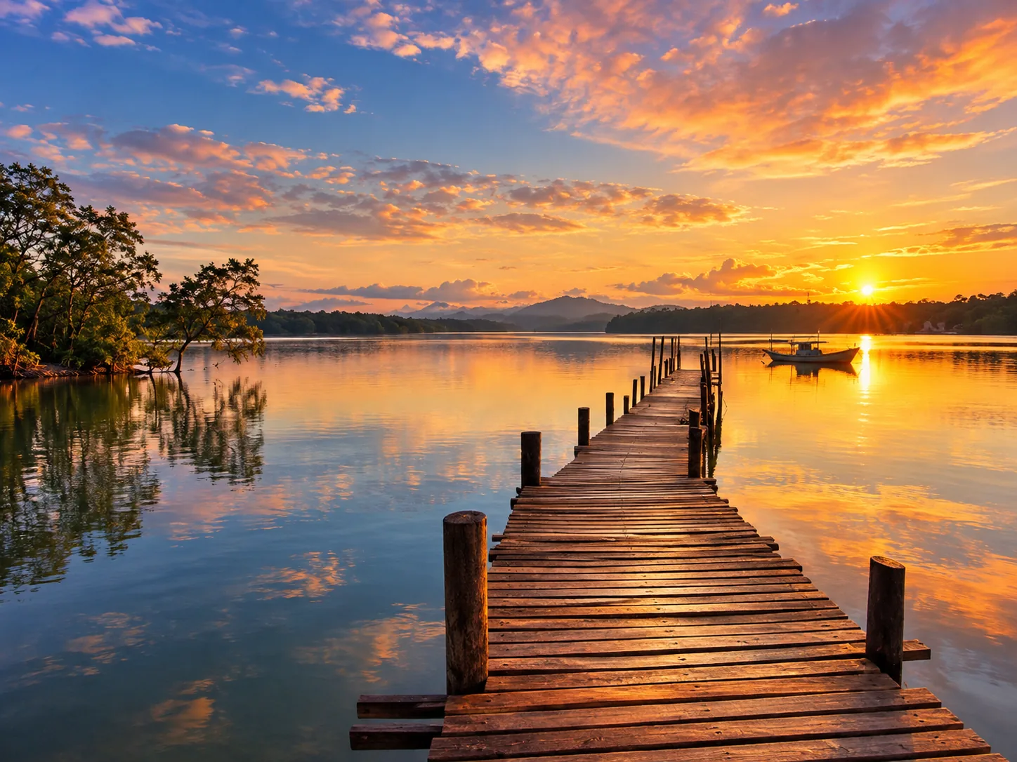 Muelle de madera en un lago, a la puesta del sol