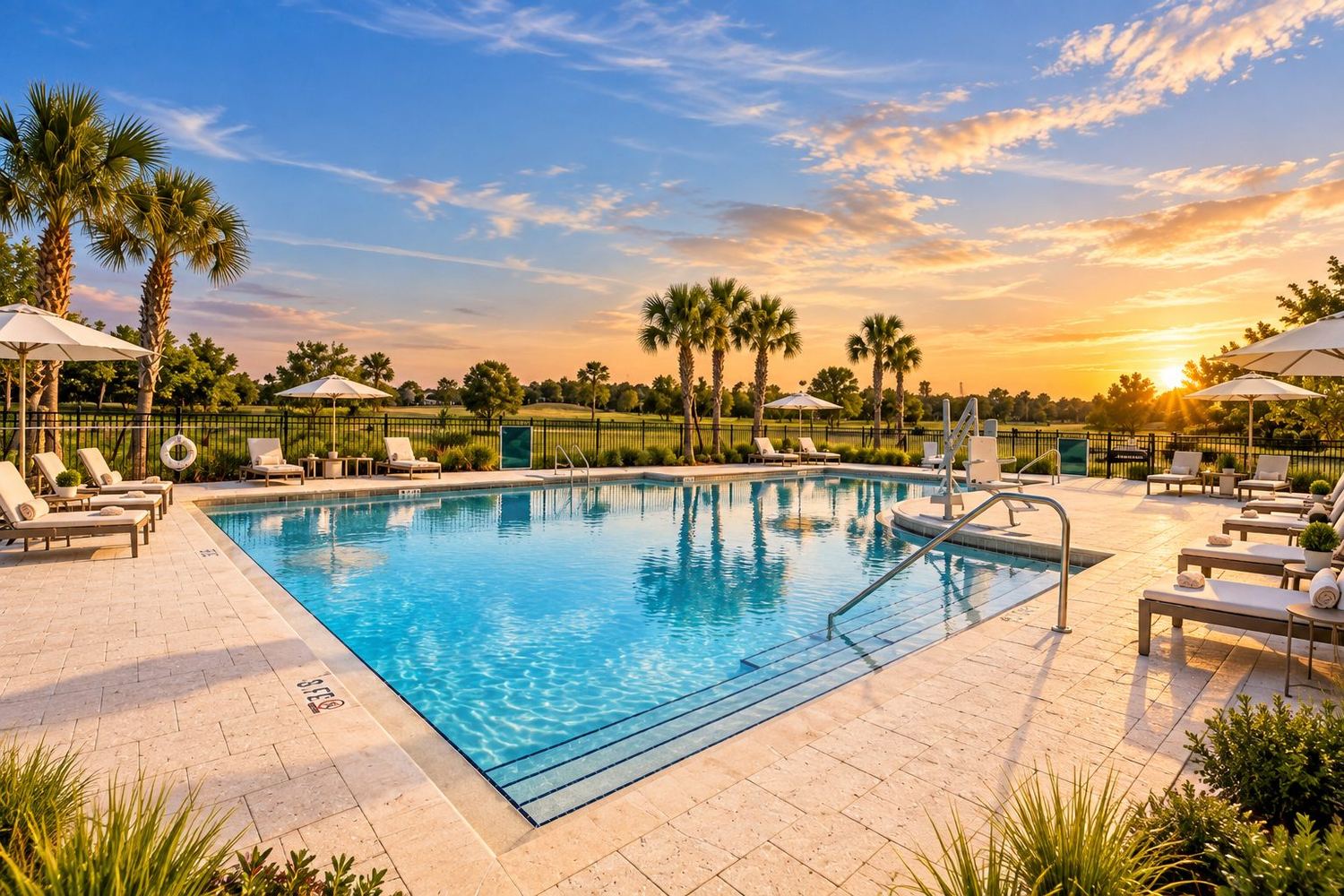 A piscina estilo resort ao entardecer