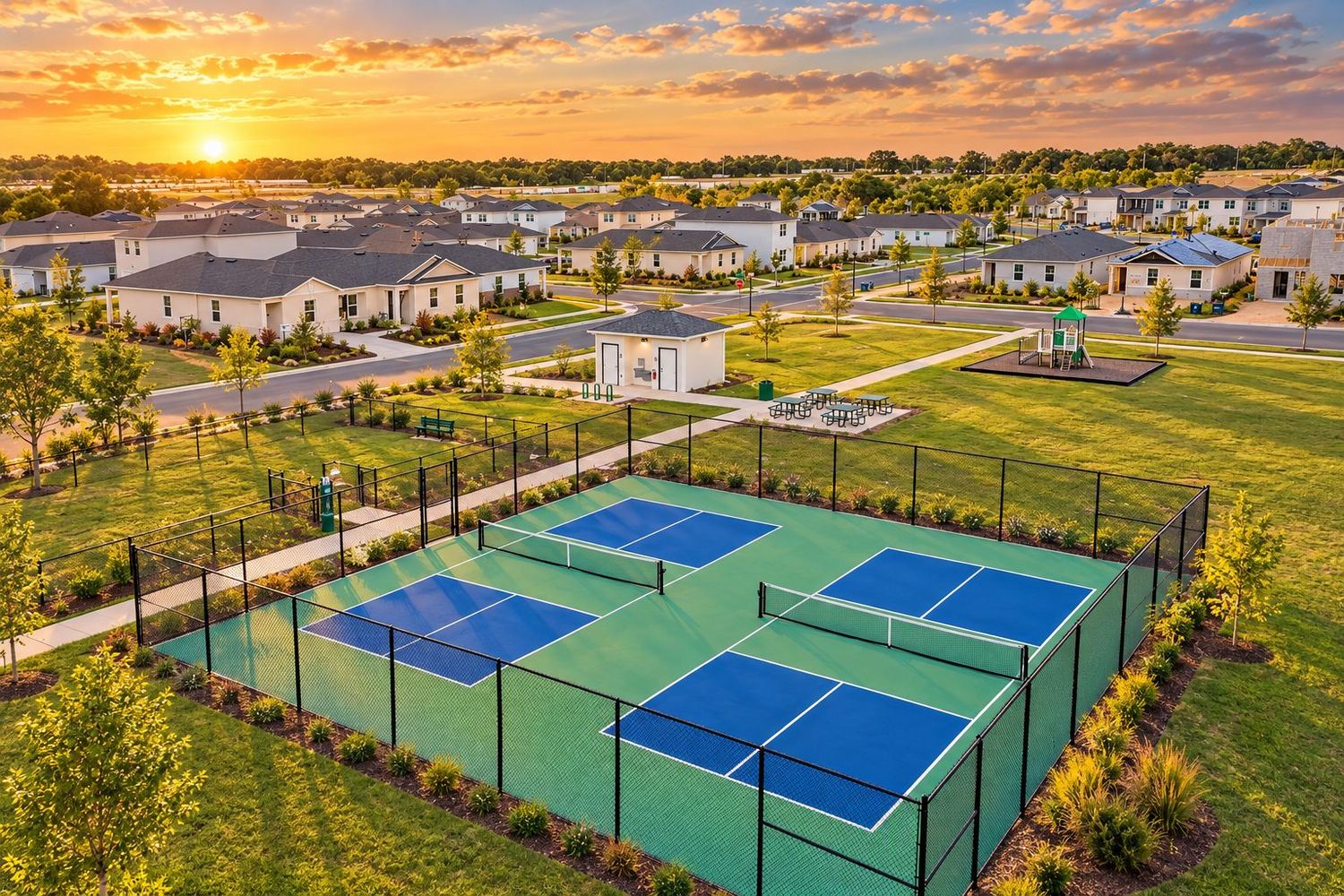 O bairro e as quadras de pickleball vistos do alto