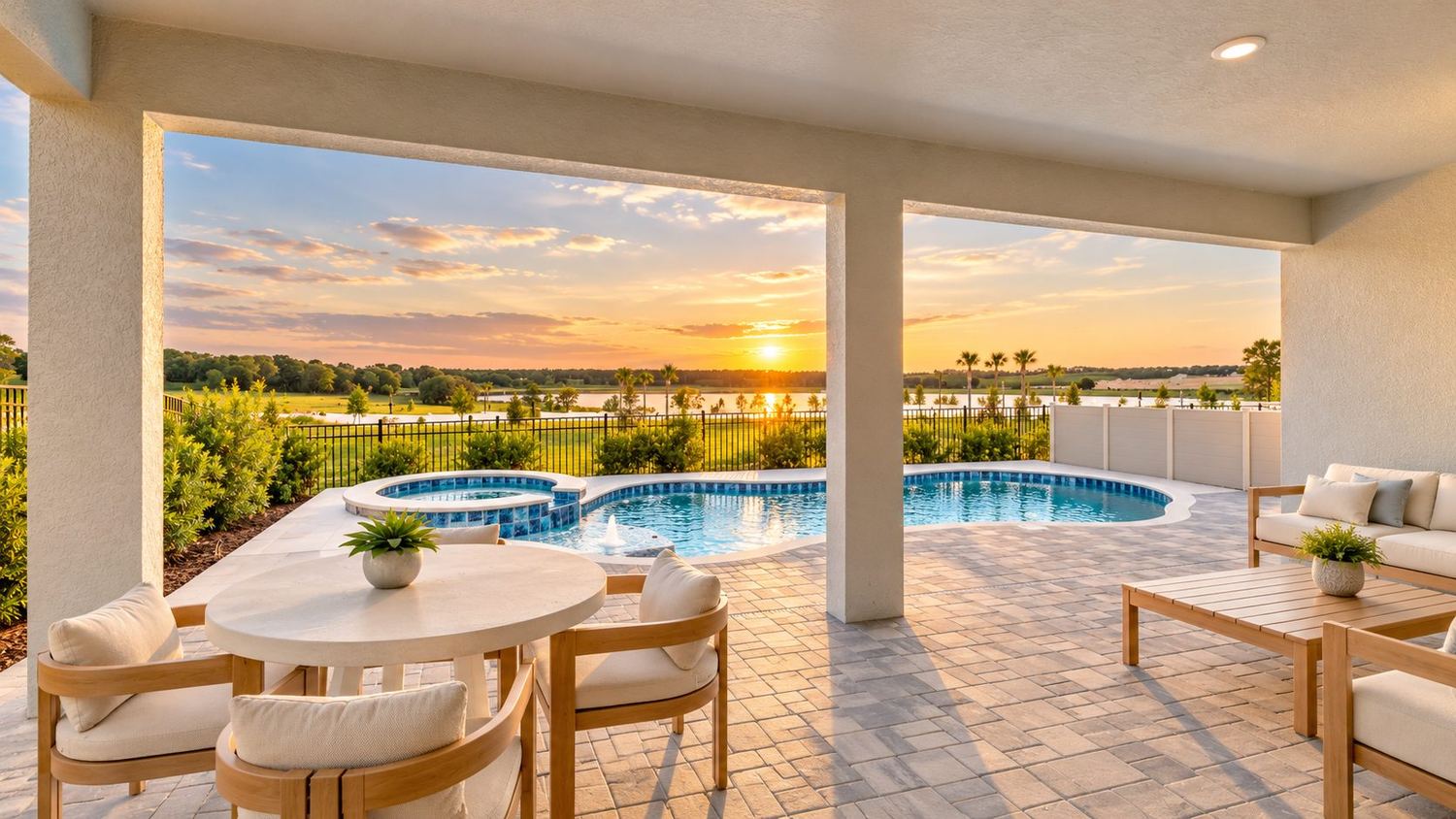 Pátio com piscina e spa ao entardecer
