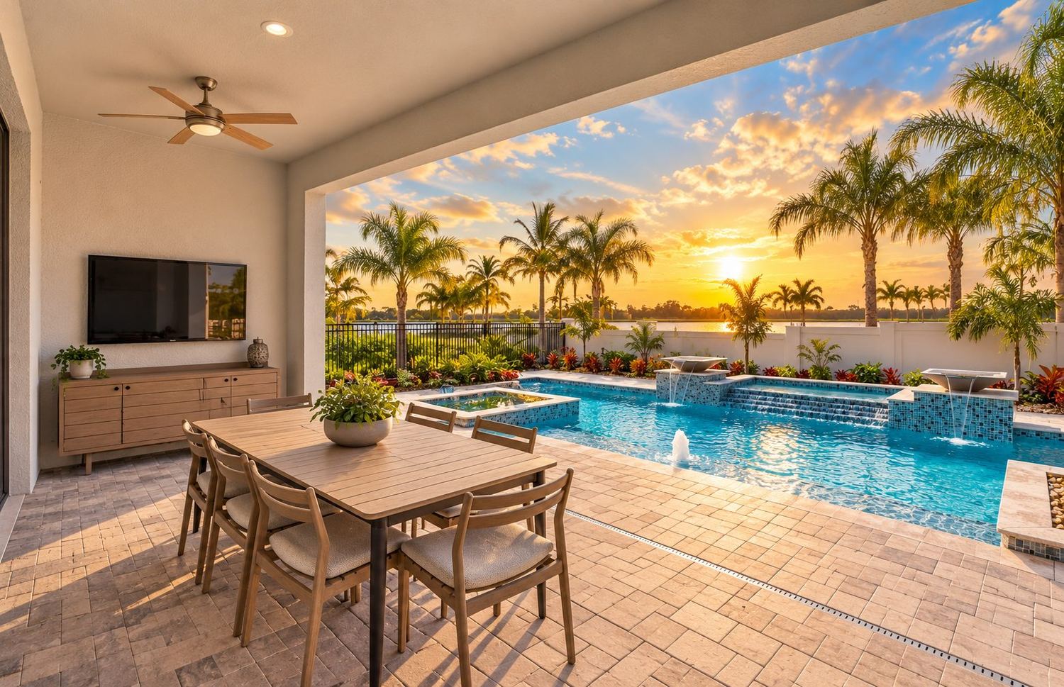 Sala de jantar externa com vista para a piscina