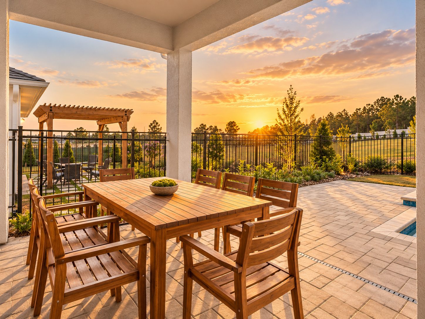 Pátio coberto com vista para o entardecer