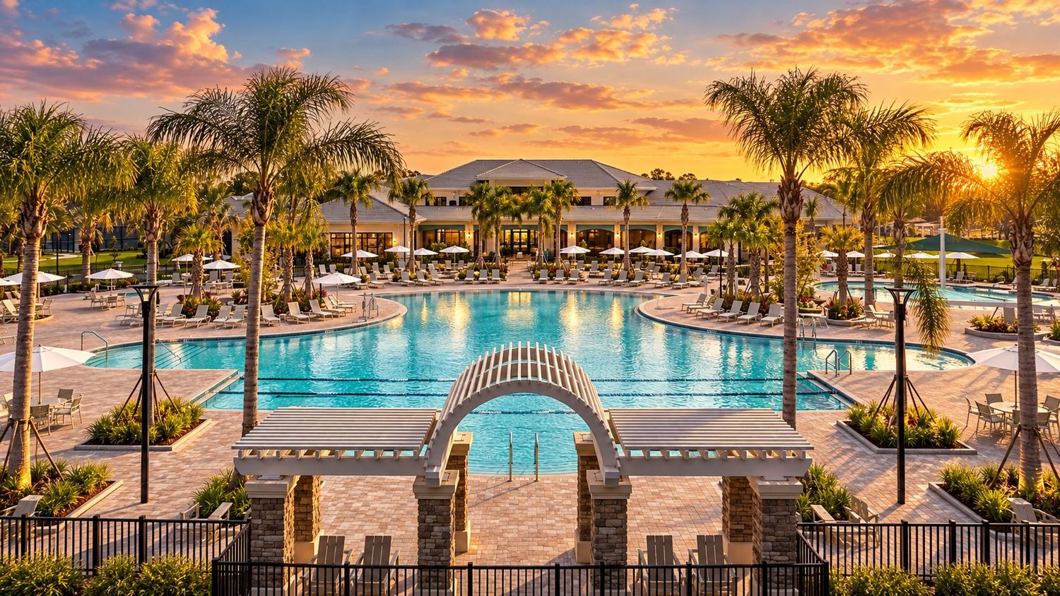 O clube e a piscina ao entardecer