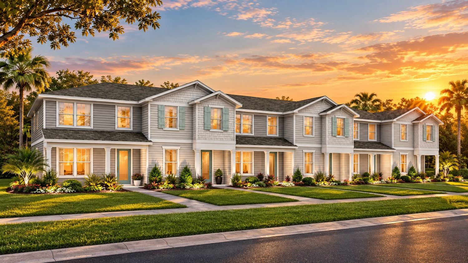 Townhomes do EverBe ao entardecer