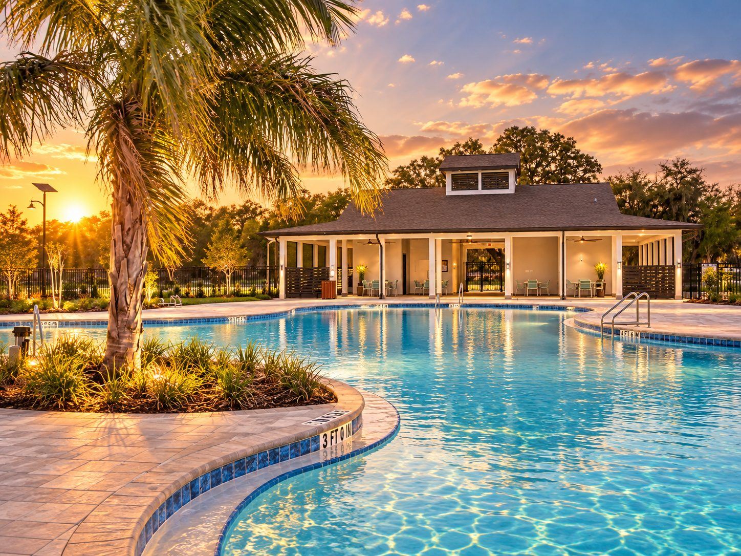 A piscina e a cabana ao entardecer