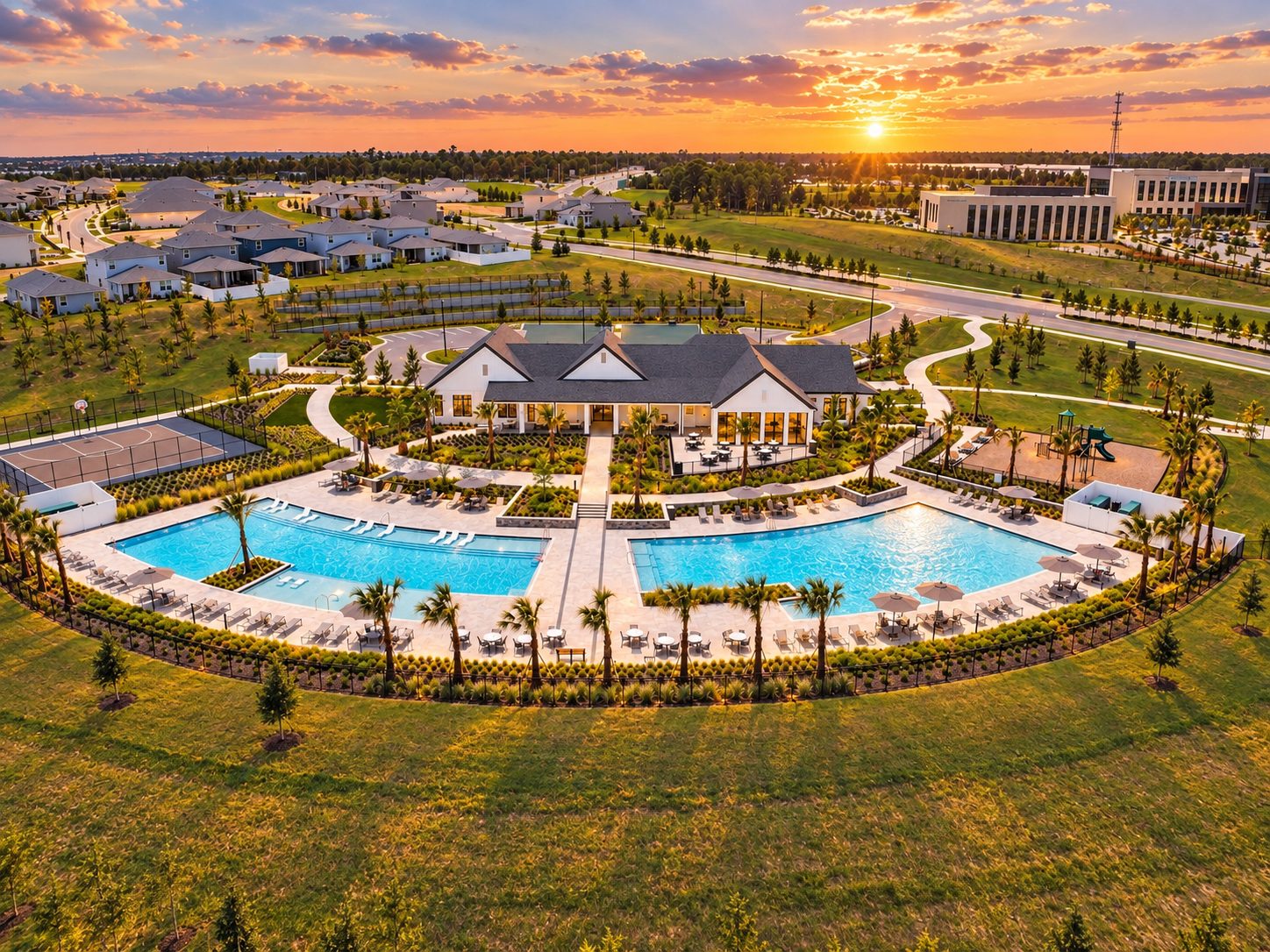 O clube e as piscinas do Hills of Minneola vistos do alto