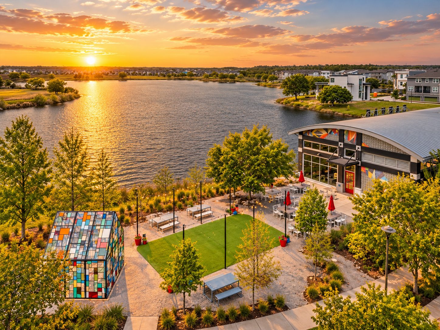 O lago e a praça ao pôr do sol