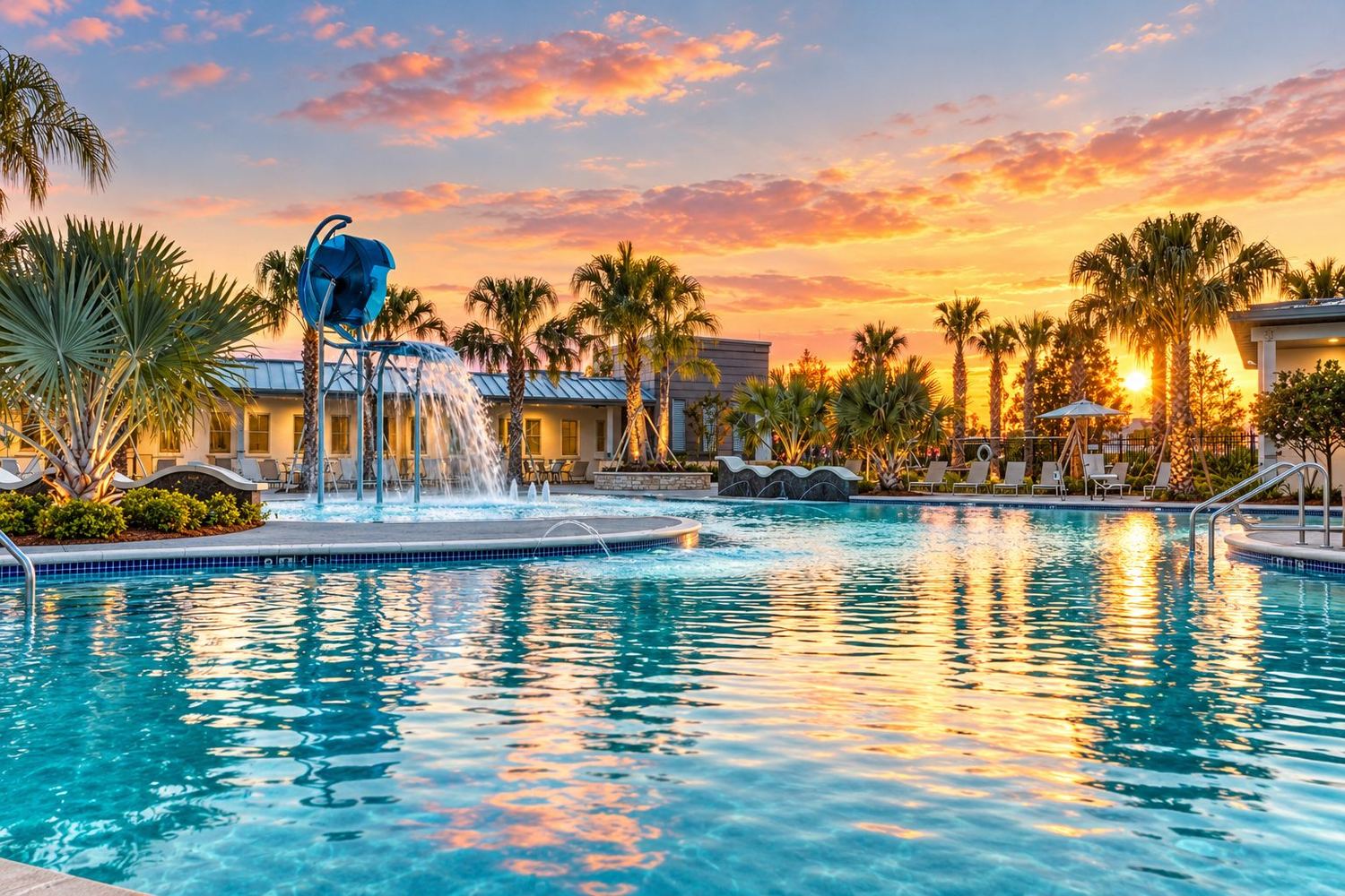 A piscina do clube ao pôr do sol