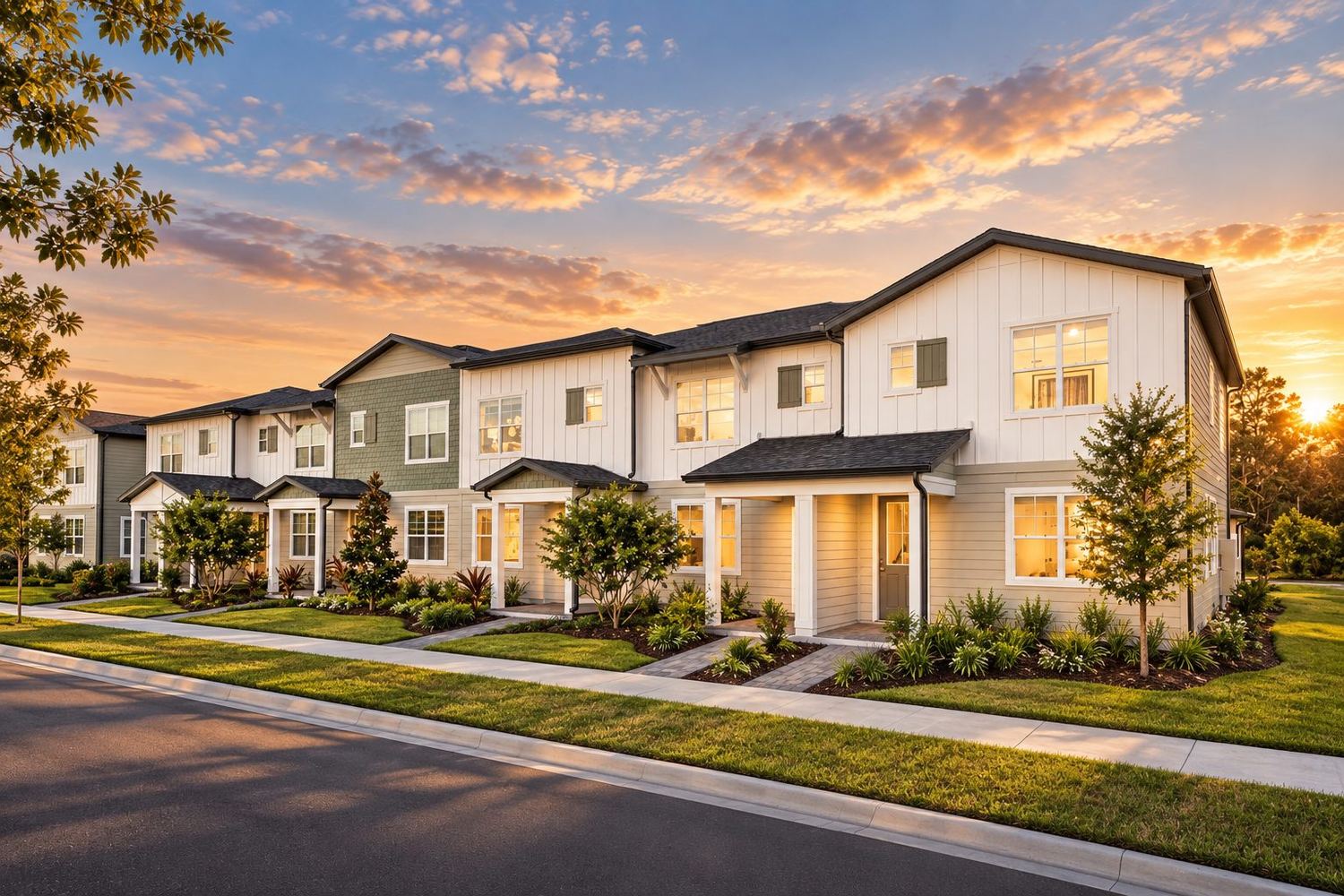 Rua de townhomes ao entardecer