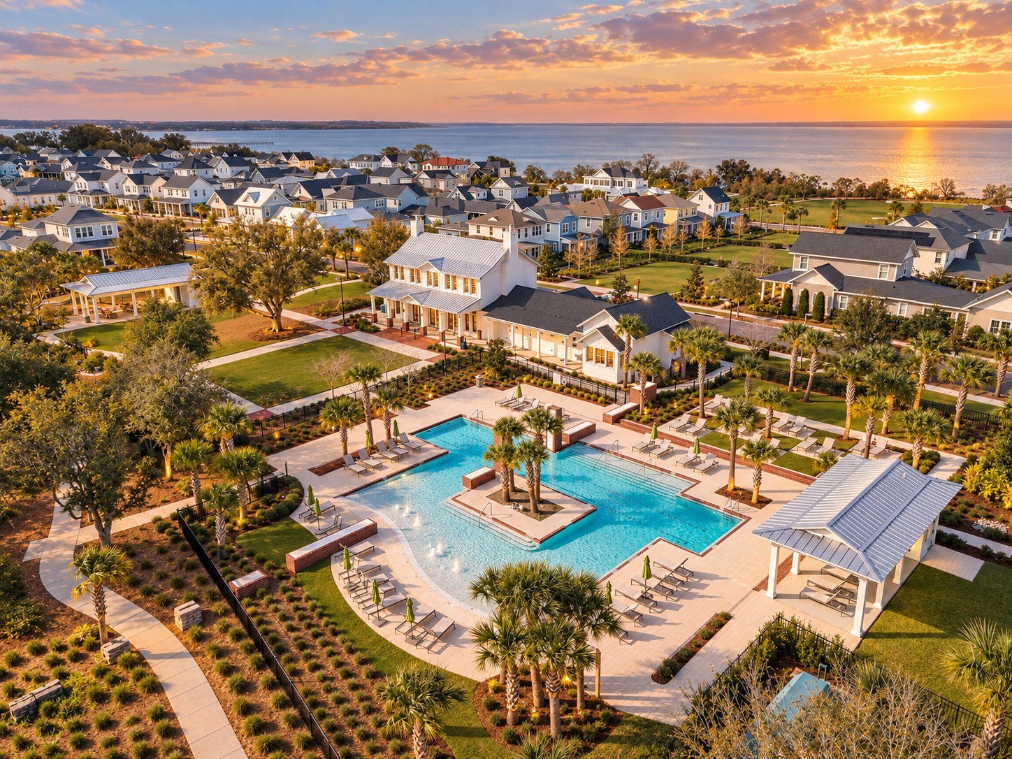 Clube com piscina junto ao lago, visto do alto