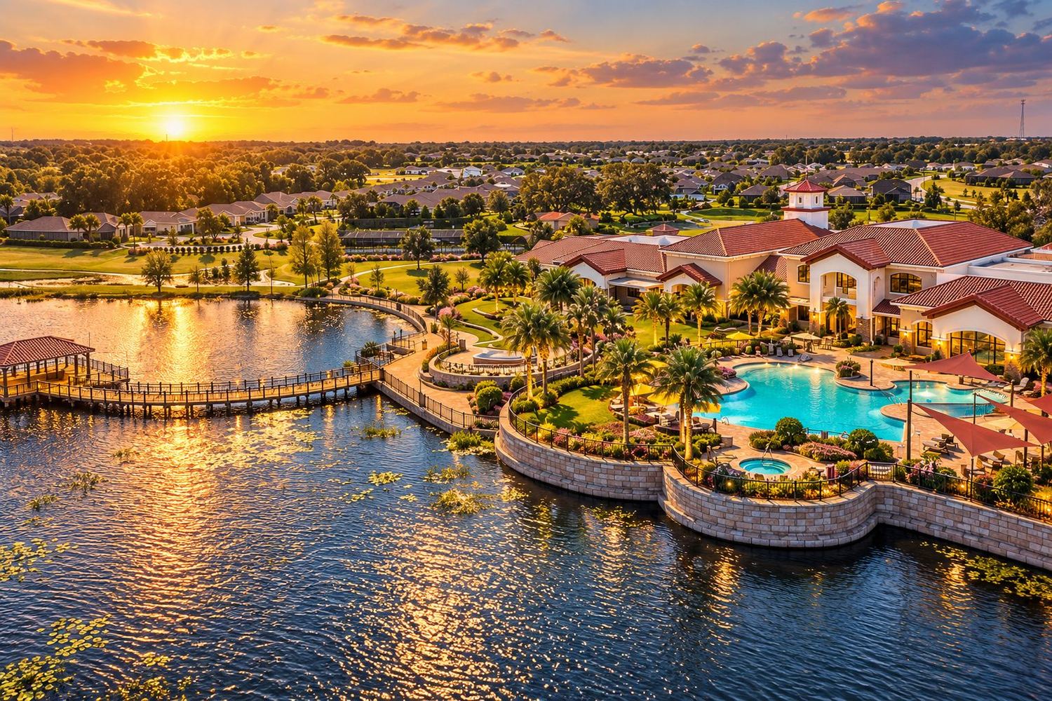 Resort com piscina à beira do lago, ao pôr do sol