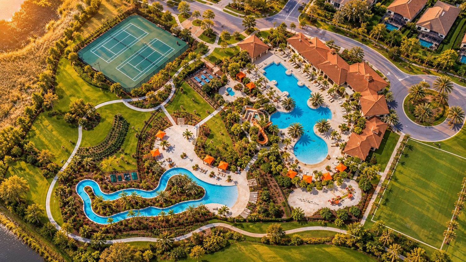 Piscina, rio lento e quadra de tênis, vistos do alto