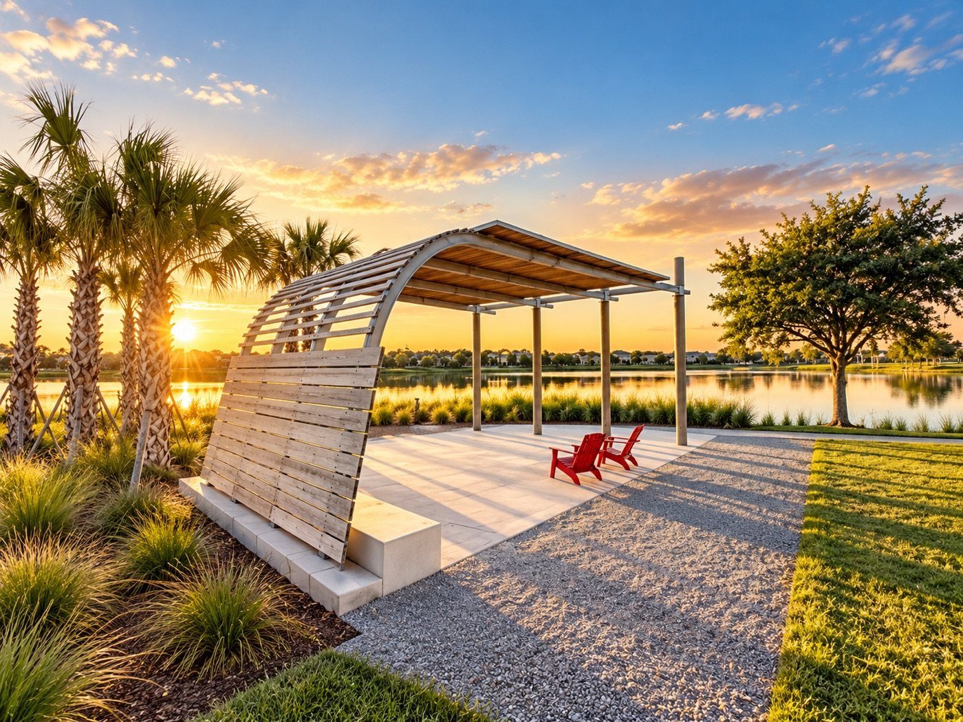 Pavilhão à beira do lago ao pôr do sol