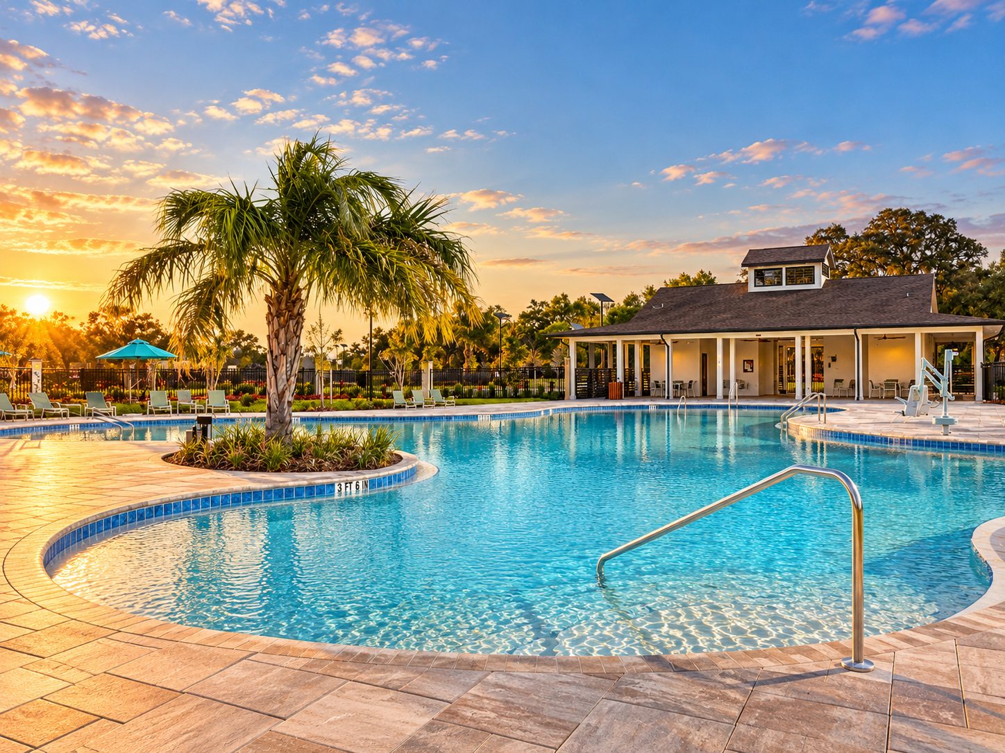 A piscina e o clube ao entardecer