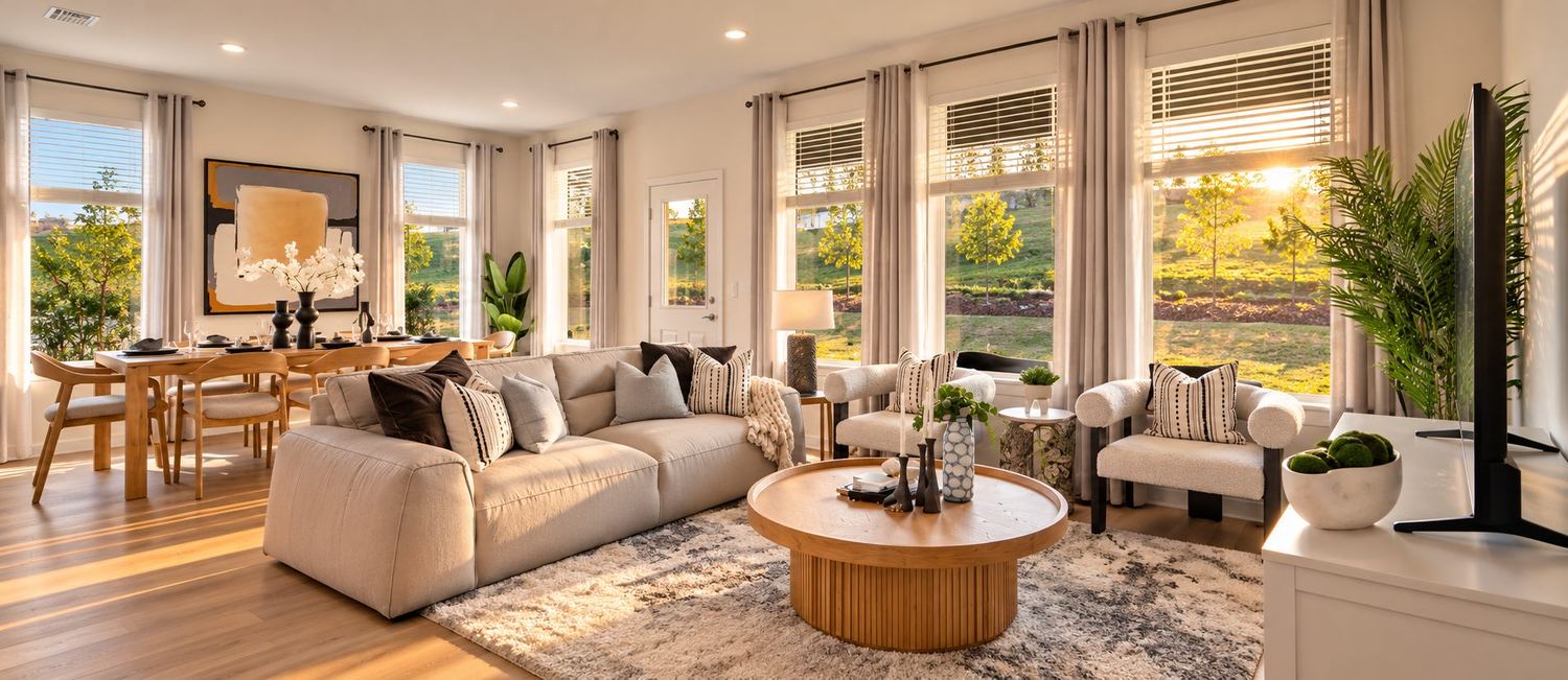 Sala e área de jantar de uma casa-modelo