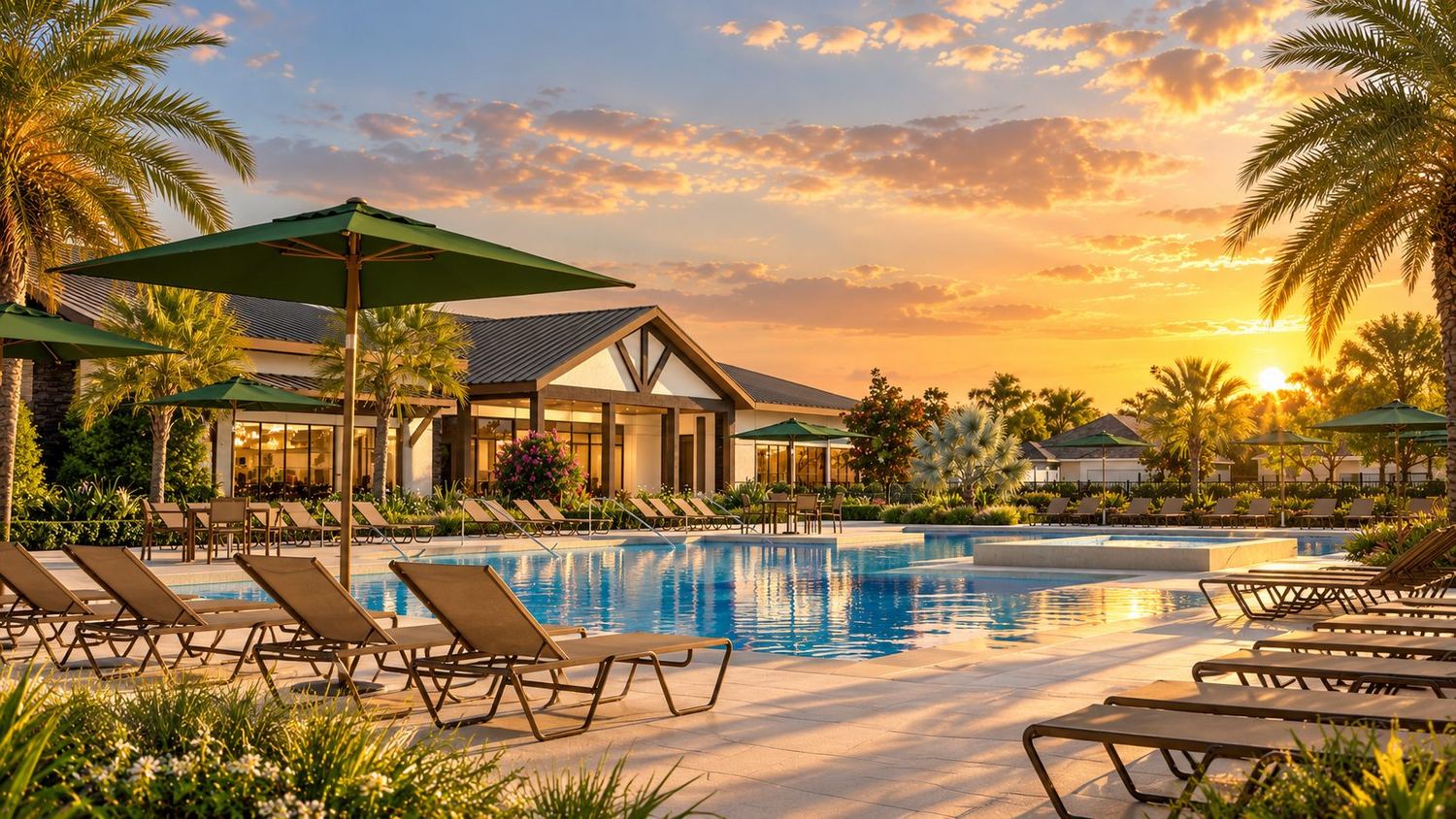 A piscina e as espreguiçadeiras
