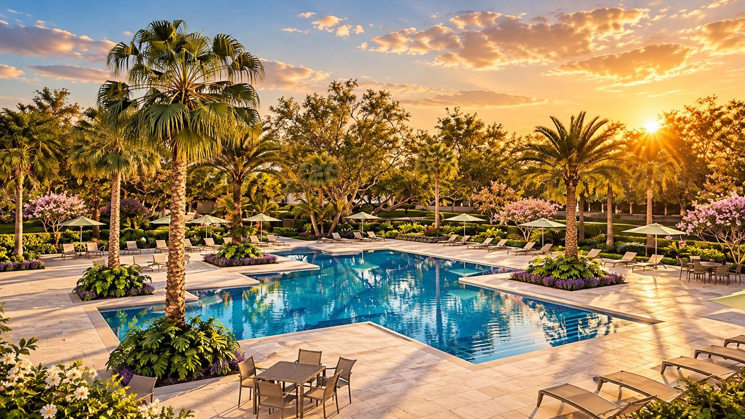 A piscina e os jardins planejados do The Glades