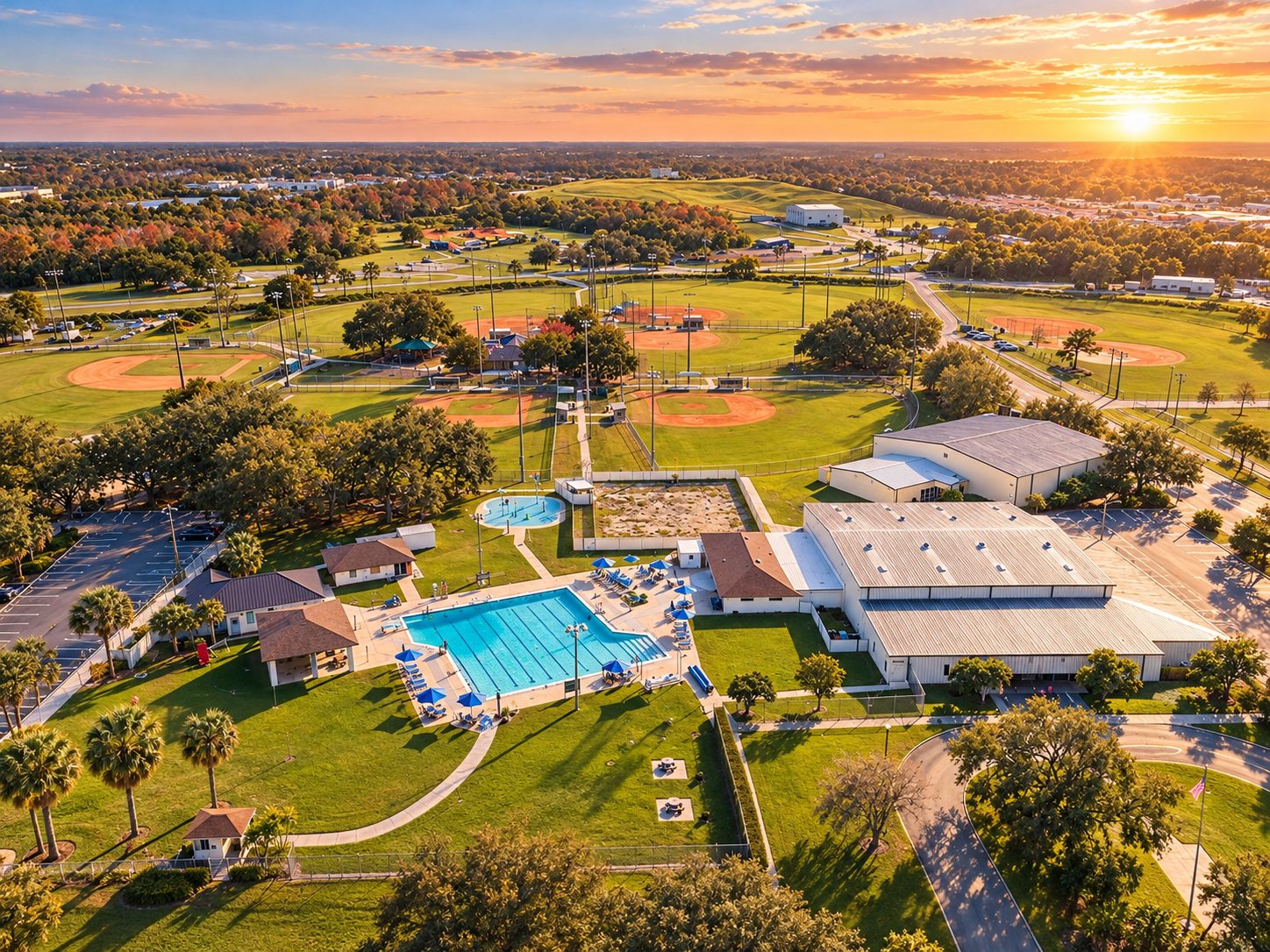 Campos esportivos e piscina ao ar livre
