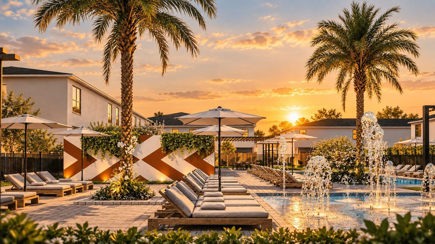 A piscina do The Hub Garden ao entardecer