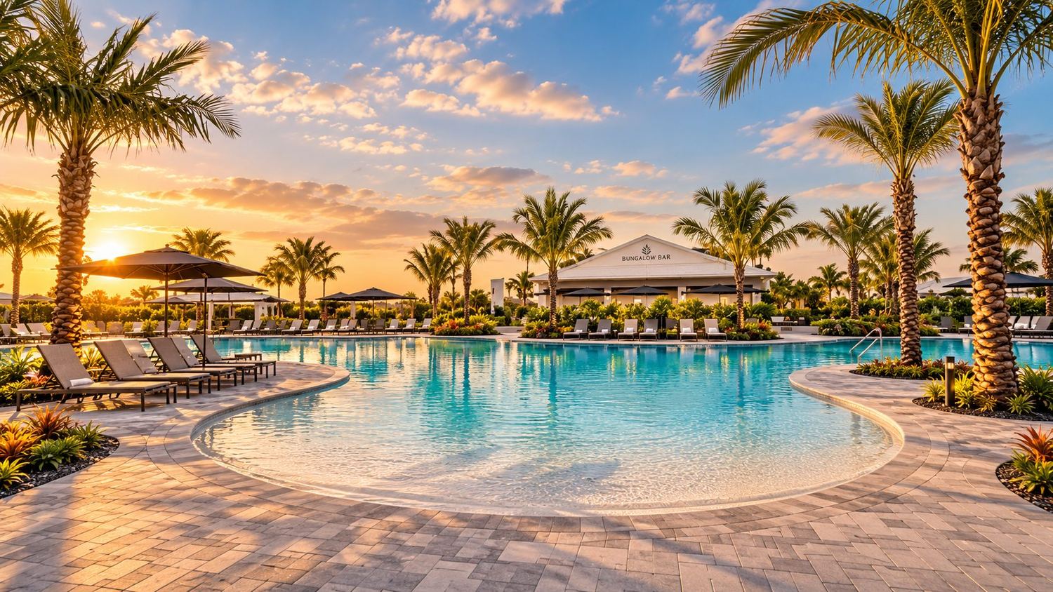 A piscina e a cabana ao entardecer