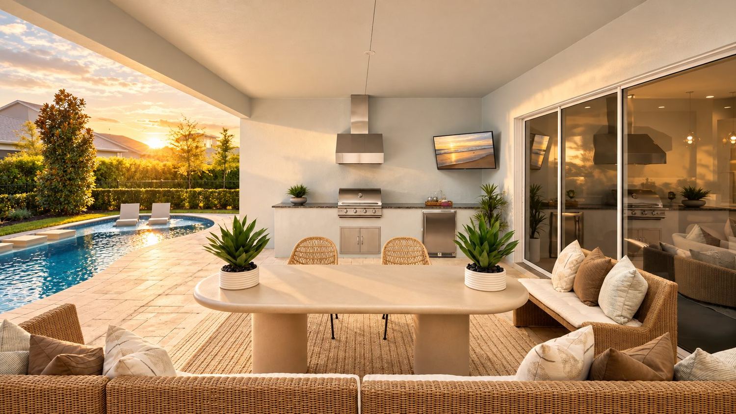Terraço com cozinha externa e piscina