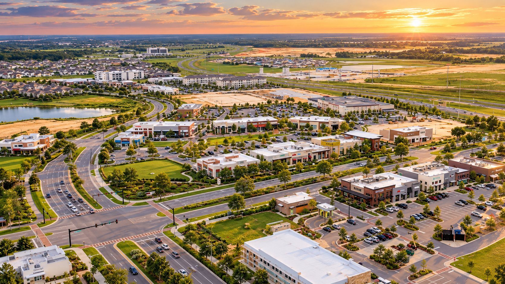 Vista aérea de Hamlin ao pôr do sol, com o centro comercial, avenidas arborizadas e um lago à esquerda