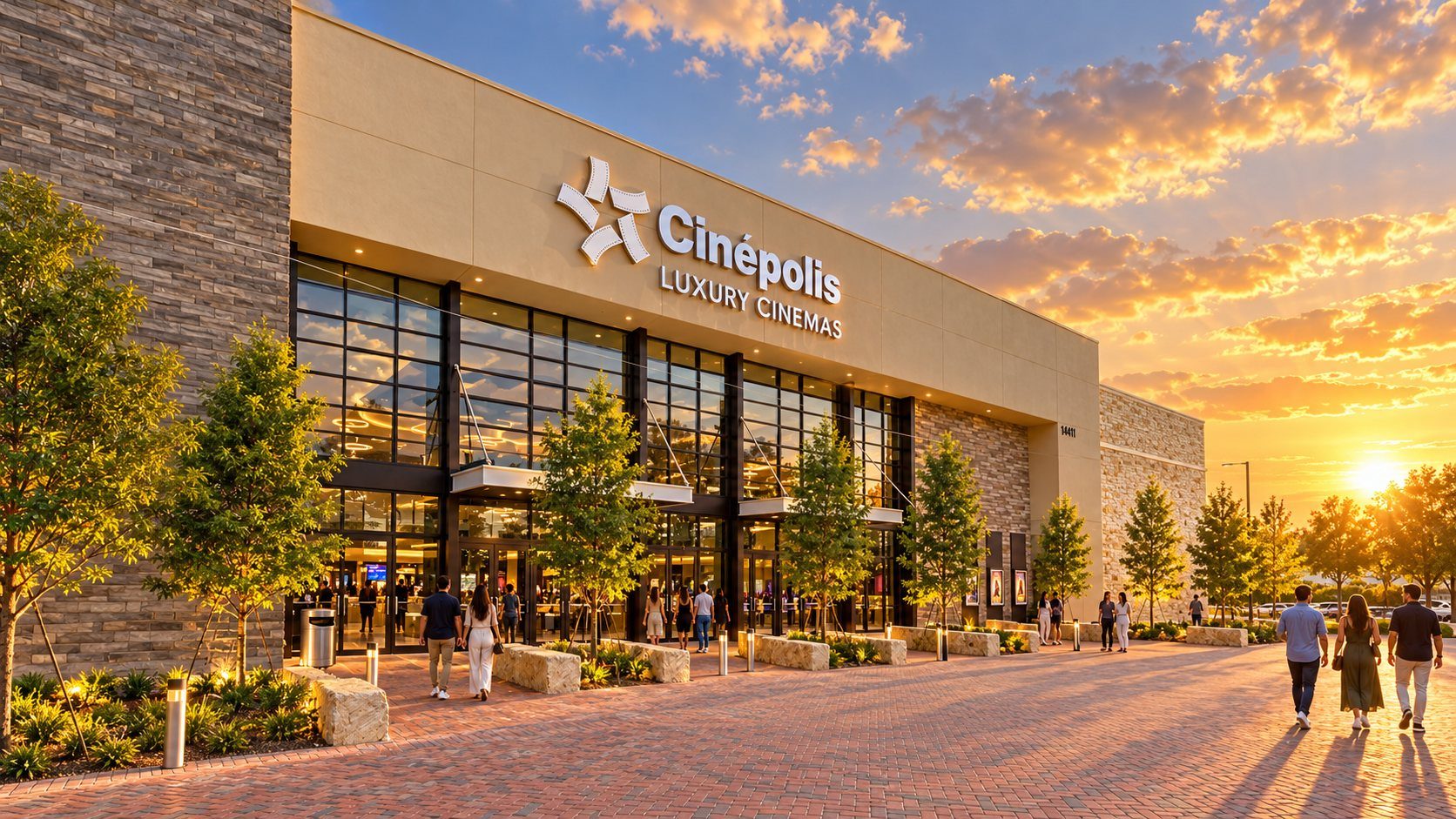 Entrada do Cinépolis Luxury Cinemas ao entardecer