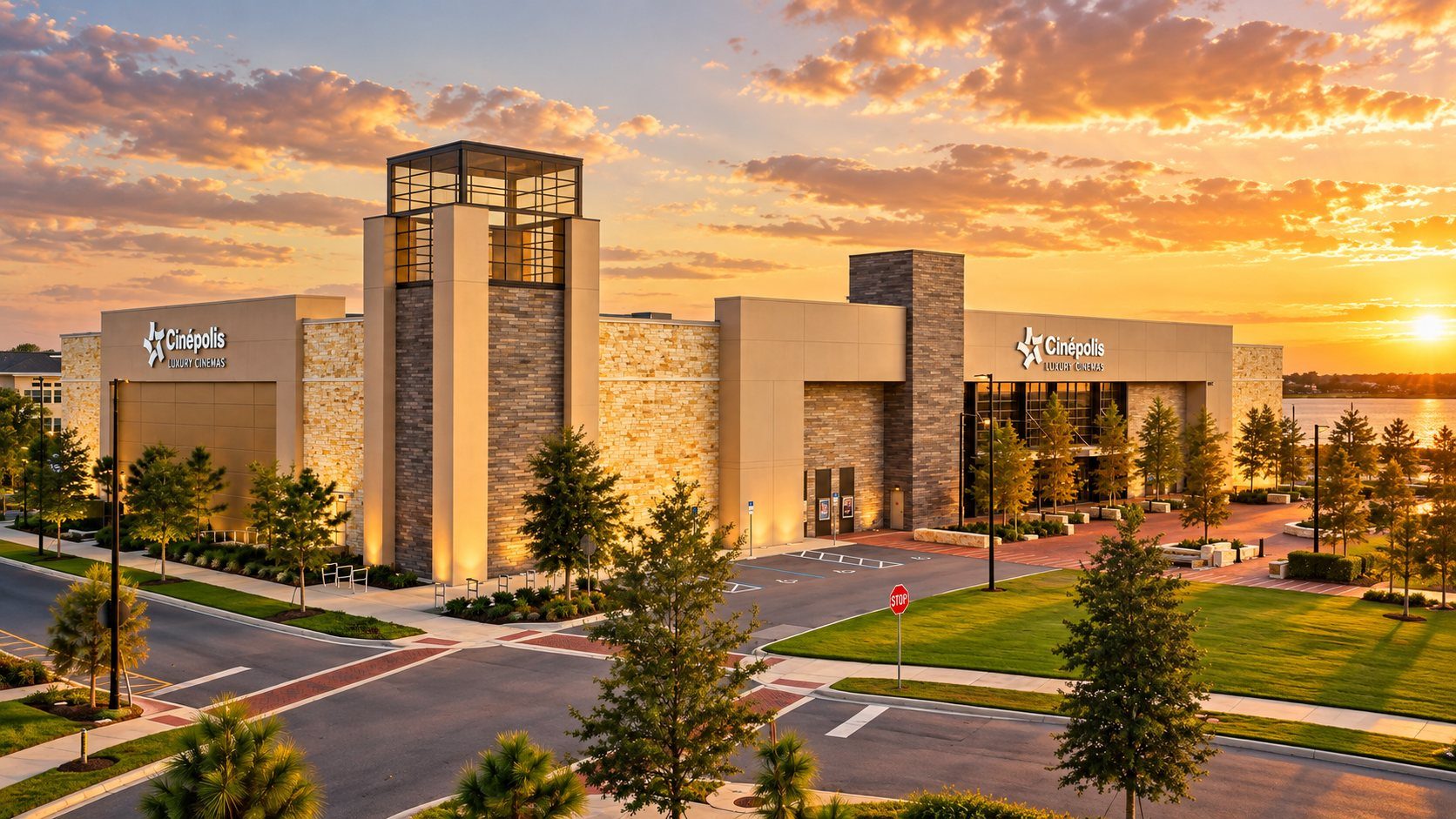 Prédio do Cinépolis e a esquina do town center ao pôr do sol