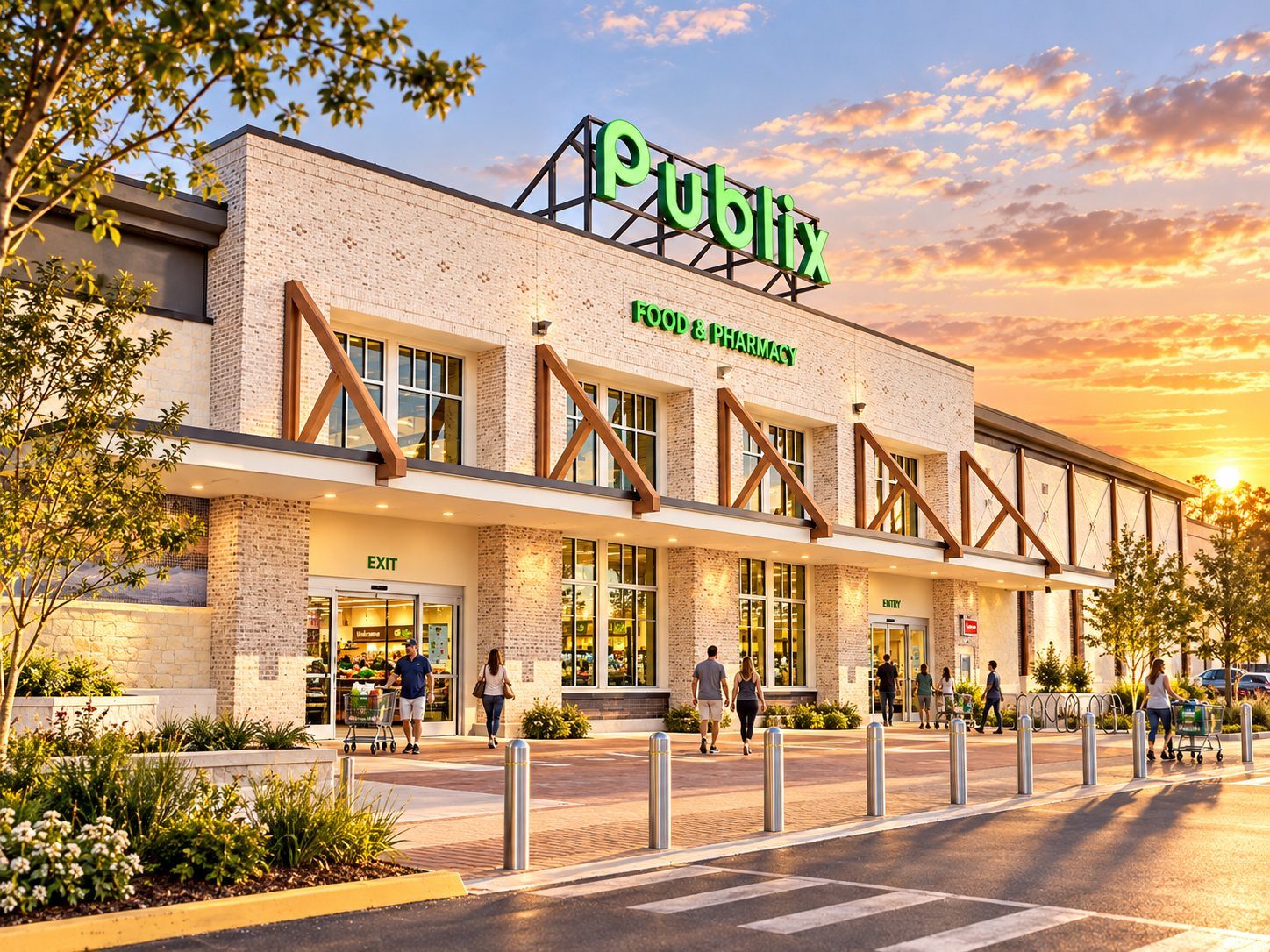 Fachada do Publix, com clientes na calçada ao entardecer