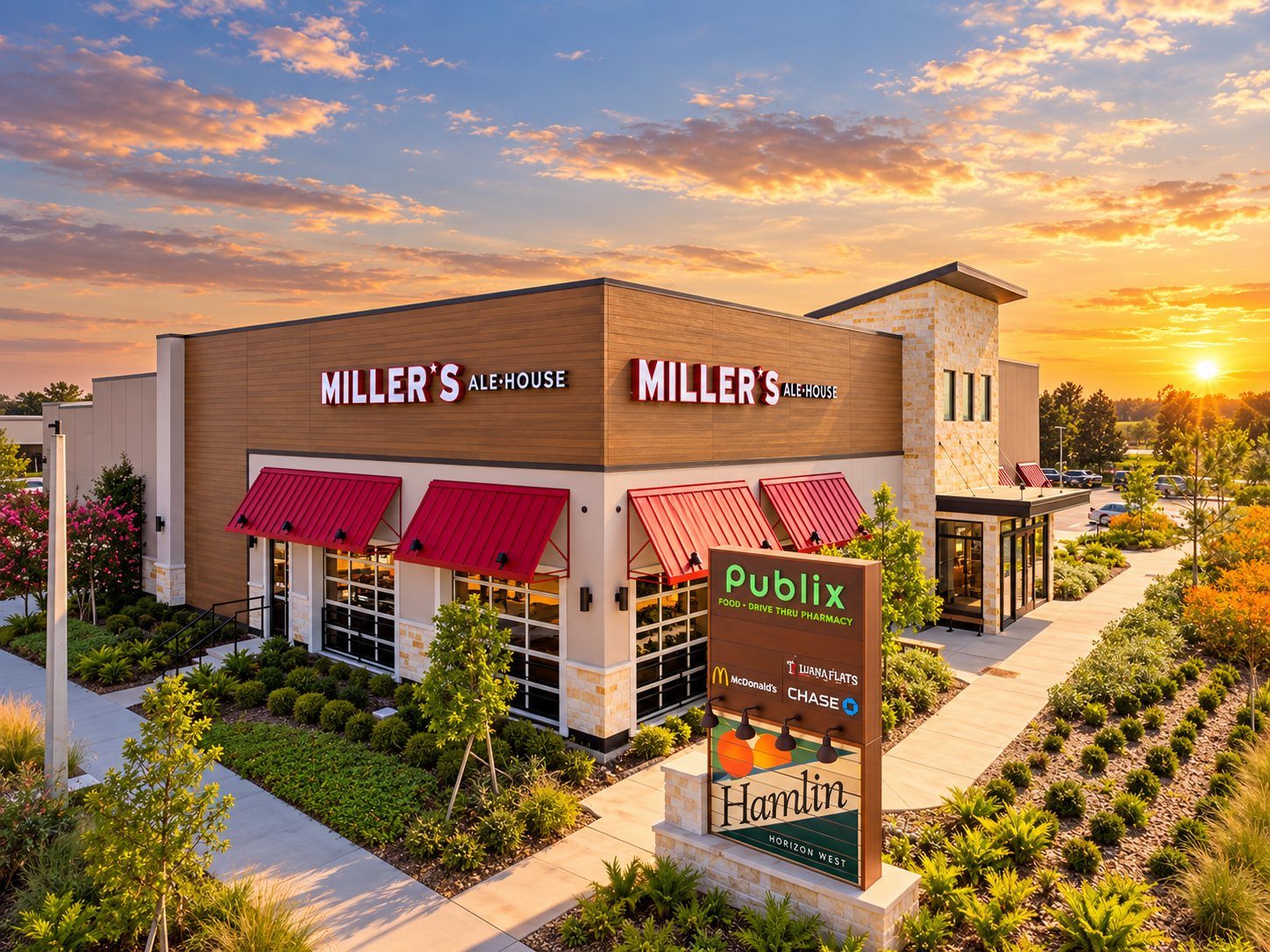 Miller's Ale House e a placa de Hamlin com as lojas do centro